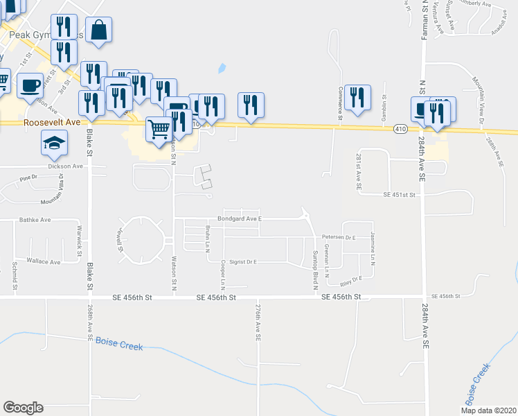 map of restaurants, bars, coffee shops, grocery stores, and more near 614 Mount Peak Street North in Enumclaw