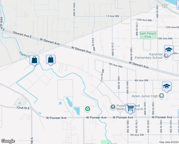 map of restaurants, bars, coffee shops, grocery stores, and more near 2207 Tacoma Road in Puyallup
