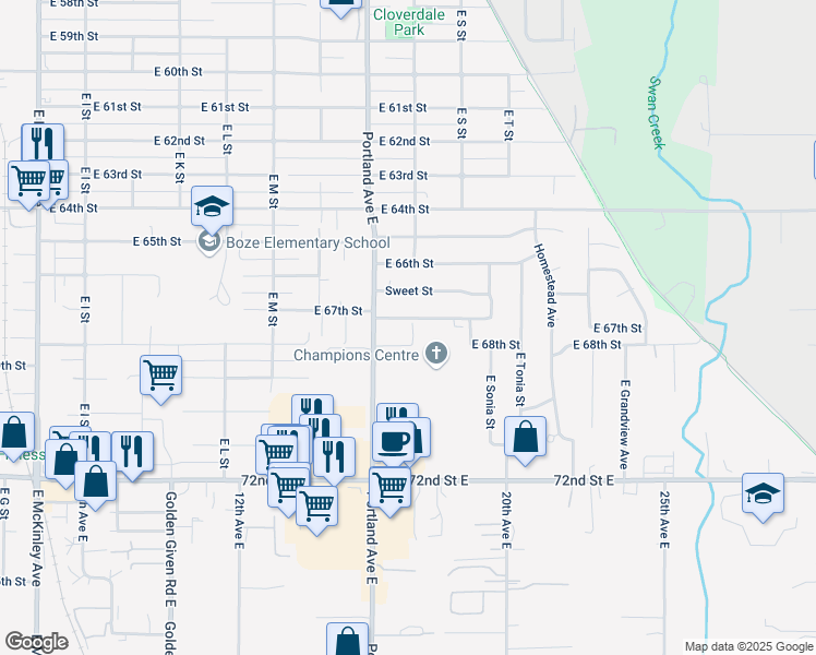 map of restaurants, bars, coffee shops, grocery stores, and more near 1626 East 67th Street in Tacoma