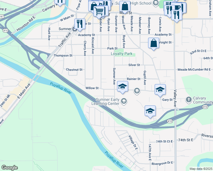 map of restaurants, bars, coffee shops, grocery stores, and more near 1111 Willow Street in Sumner