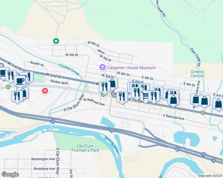 map of restaurants, bars, coffee shops, grocery stores, and more near 201 West 2nd Street in Cle Elum