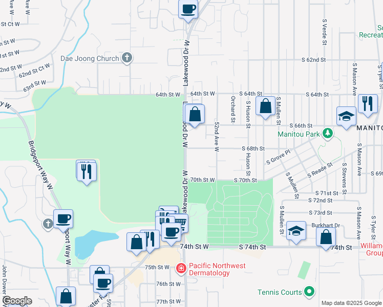 map of restaurants, bars, coffee shops, grocery stores, and more near 6811 Lakewood Drive West in Tacoma