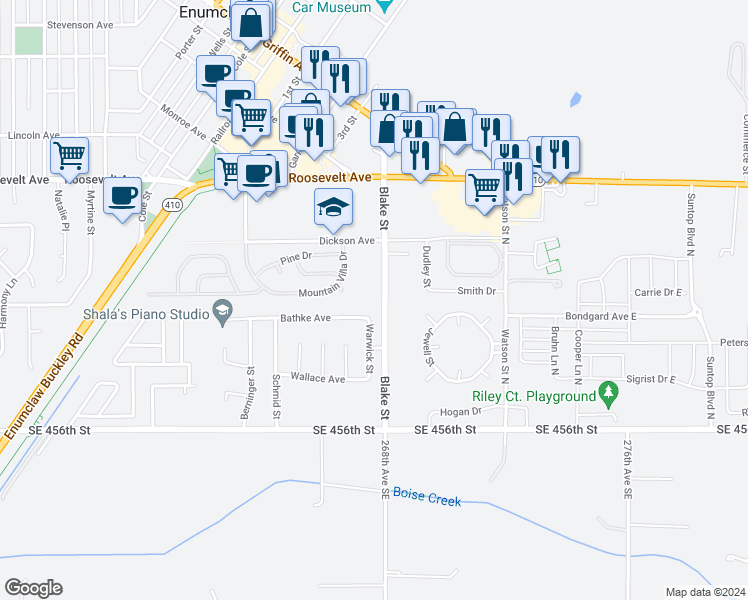 map of restaurants, bars, coffee shops, grocery stores, and more near 544 Blake Street in Enumclaw