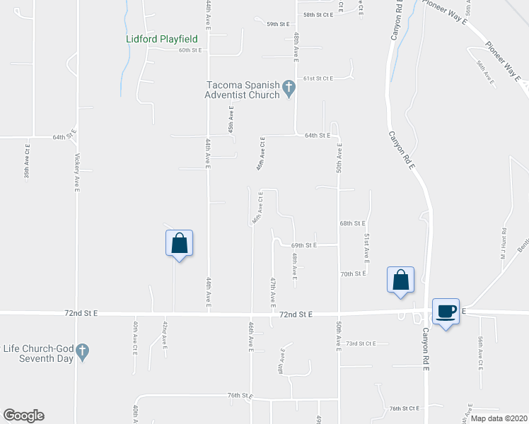 map of restaurants, bars, coffee shops, grocery stores, and more near 6709 46th Avenue Court East in Tacoma
