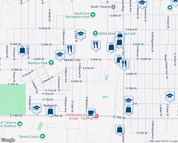 map of restaurants, bars, coffee shops, grocery stores, and more near 6709 South Madison Street in Tacoma