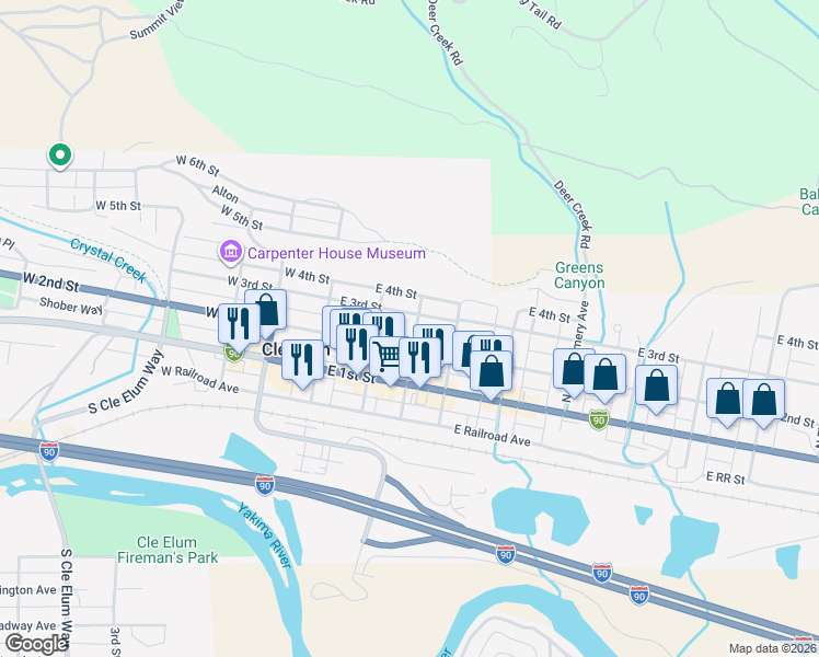 map of restaurants, bars, coffee shops, grocery stores, and more near 309 North Wright Avenue in Cle Elum