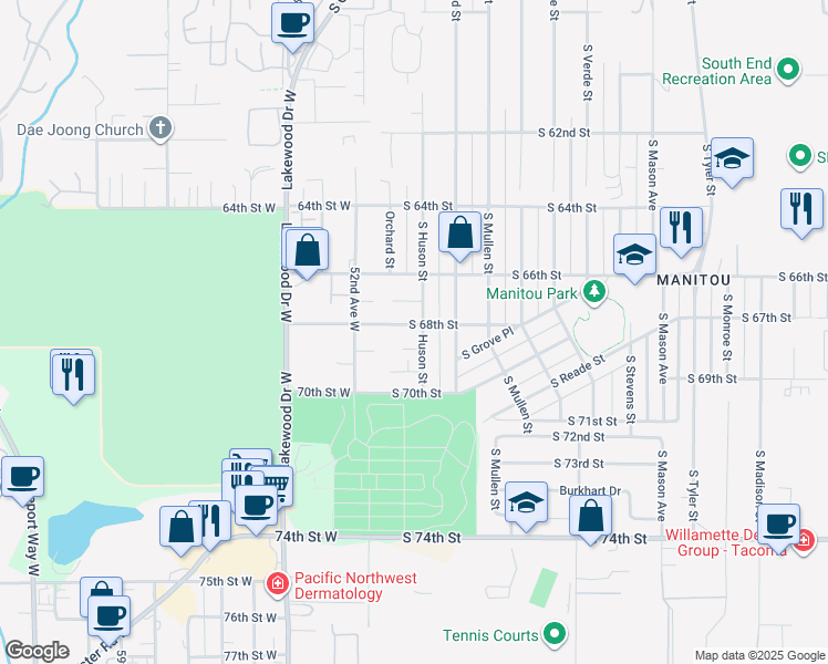 map of restaurants, bars, coffee shops, grocery stores, and more near 5004 South 68th Street in Tacoma