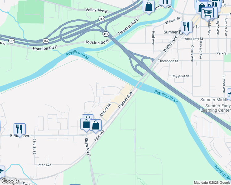 map of restaurants, bars, coffee shops, grocery stores, and more near 3107 East Main Avenue in Puyallup