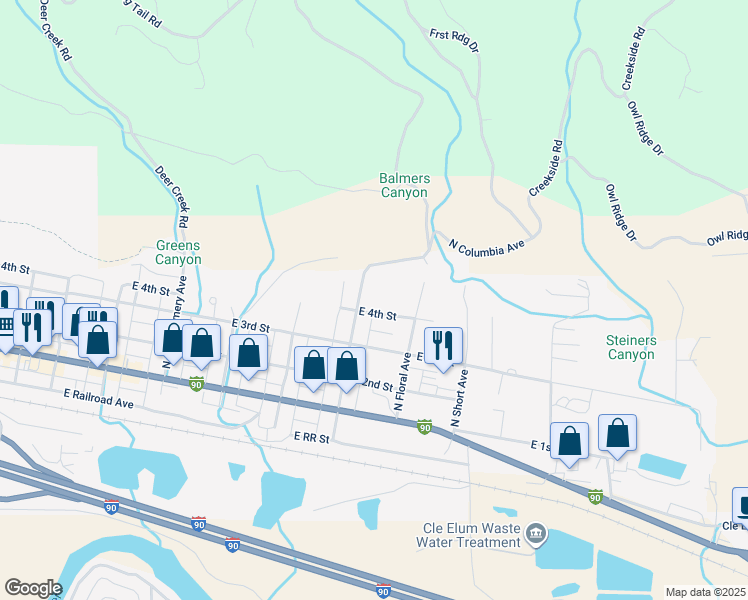 map of restaurants, bars, coffee shops, grocery stores, and more near 504 North Columbia Avenue in Cle Elum