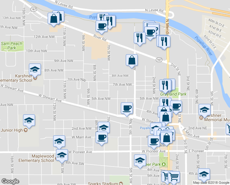 map of restaurants, bars, coffee shops, grocery stores, and more near 514 6th Street Northwest in Puyallup
