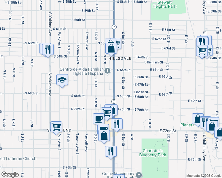 map of restaurants, bars, coffee shops, grocery stores, and more near 6714 Pacific Avenue in Tacoma