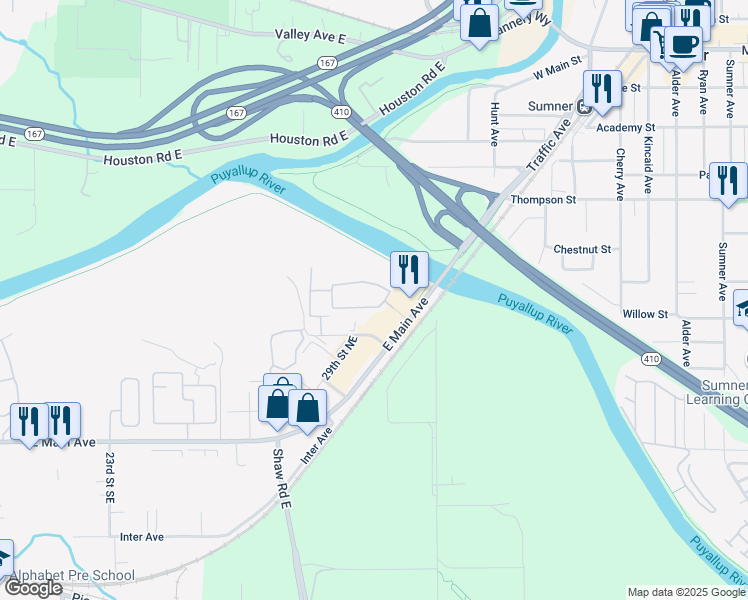 map of restaurants, bars, coffee shops, grocery stores, and more near 3105 East Main Avenue in Puyallup