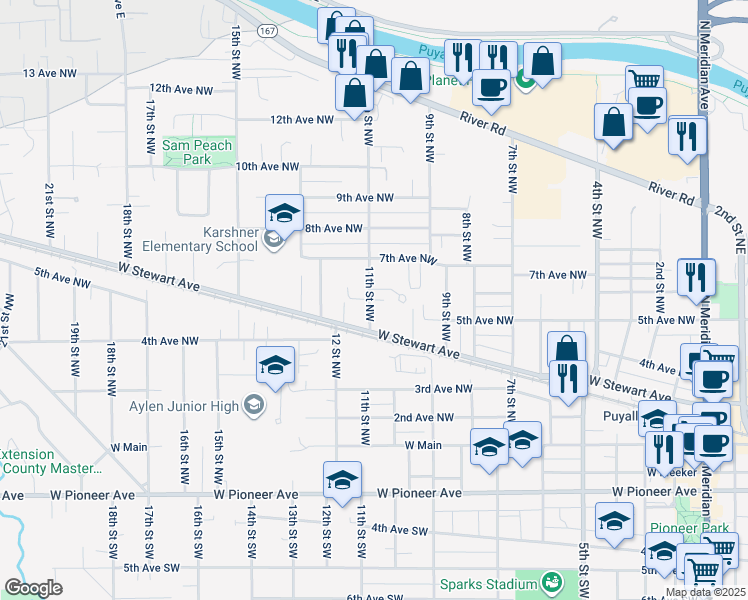 map of restaurants, bars, coffee shops, grocery stores, and more near 508 11th Street Northwest in Puyallup