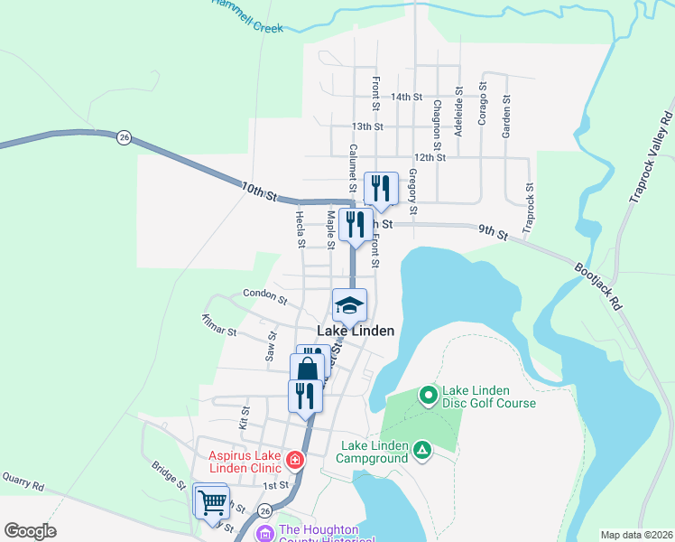 map of restaurants, bars, coffee shops, grocery stores, and more near 801-861 Maple Street in Lake Linden