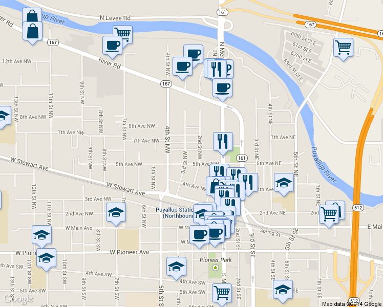 map of restaurants, bars, coffee shops, grocery stores, and more near 212 6th Avenue Northwest in Puyallup