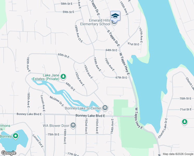map of restaurants, bars, coffee shops, grocery stores, and more near 6702 193rd Avenue East in Bonney Lake