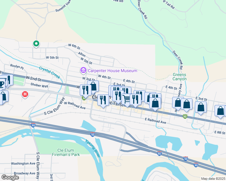 map of restaurants, bars, coffee shops, grocery stores, and more near 103 East 2nd Street in Cle Elum
