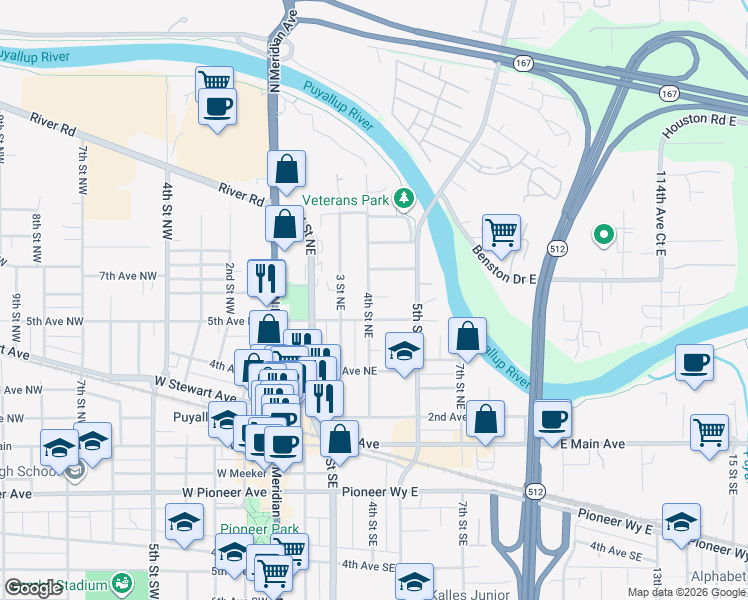 map of restaurants, bars, coffee shops, grocery stores, and more near 515 4th Street Northeast in Puyallup