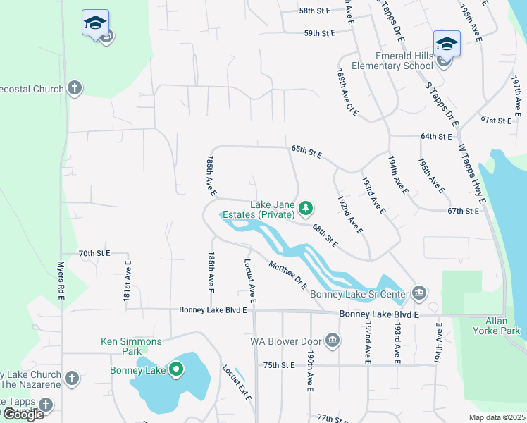 map of restaurants, bars, coffee shops, grocery stores, and more near 18705 68th Street East in Bonney Lake