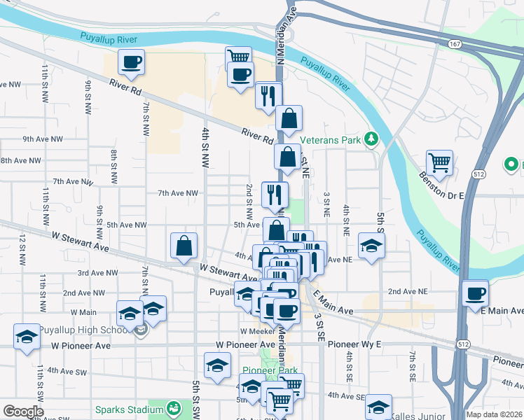 map of restaurants, bars, coffee shops, grocery stores, and more near 122 6th Avenue Northwest in Puyallup