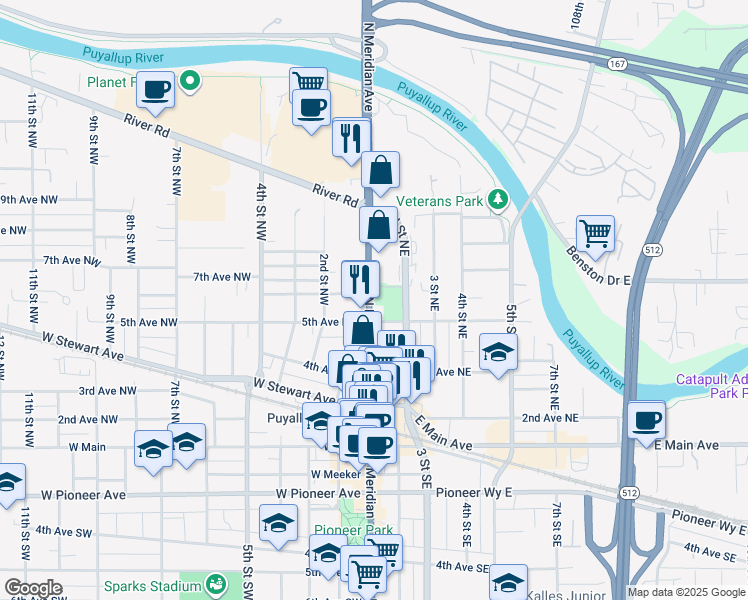 map of restaurants, bars, coffee shops, grocery stores, and more near 599 North Meridian in Puyallup