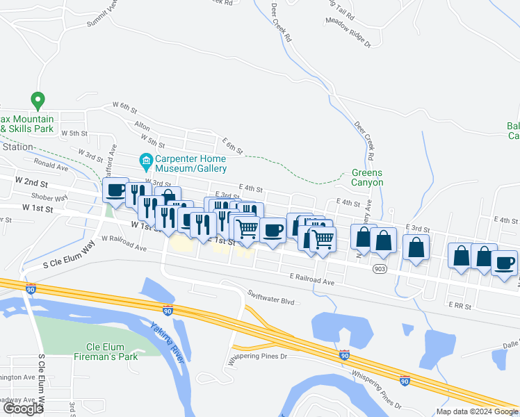 map of restaurants, bars, coffee shops, grocery stores, and more near 311 North Wright Avenue in Cle Elum