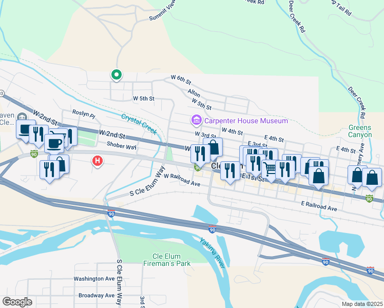 map of restaurants, bars, coffee shops, grocery stores, and more near 301 W 2nd St in Cle Elum