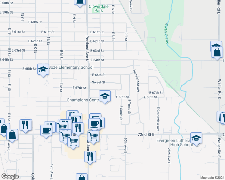 map of restaurants, bars, coffee shops, grocery stores, and more near 1800 East 67th Street in Tacoma