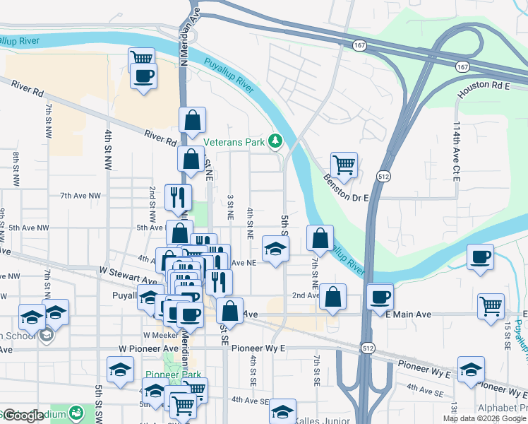 map of restaurants, bars, coffee shops, grocery stores, and more near 515 4th Street Northeast in Puyallup
