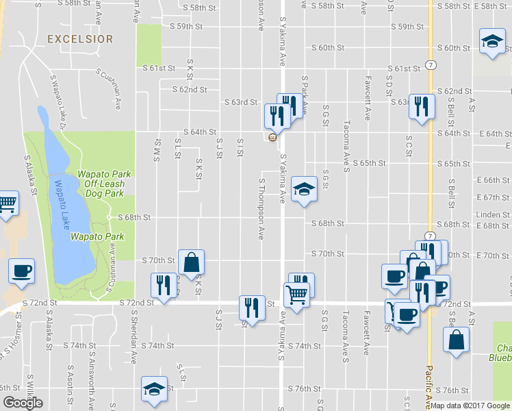 map of restaurants, bars, coffee shops, grocery stores, and more near 6548 South Thompson Avenue in Tacoma
