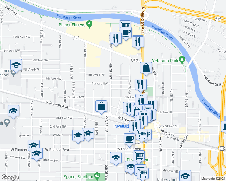 map of restaurants, bars, coffee shops, grocery stores, and more near 517 4th Street Northwest in Puyallup
