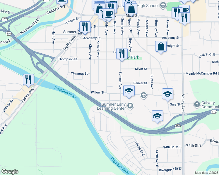 map of restaurants, bars, coffee shops, grocery stores, and more near 1111 Willow Street in Sumner