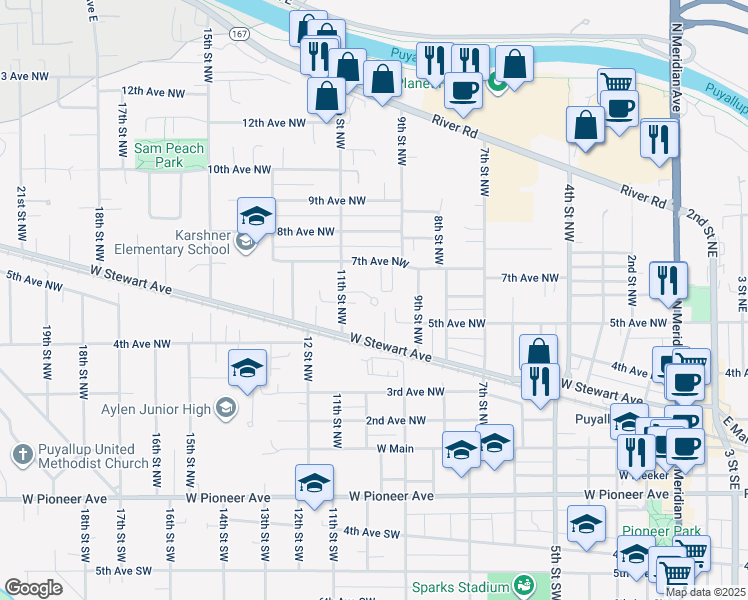 map of restaurants, bars, coffee shops, grocery stores, and more near 515 11th Street Northwest in Puyallup