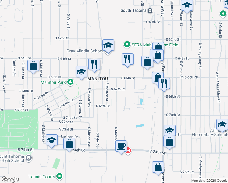 map of restaurants, bars, coffee shops, grocery stores, and more near 6709 South Madison Street in Tacoma