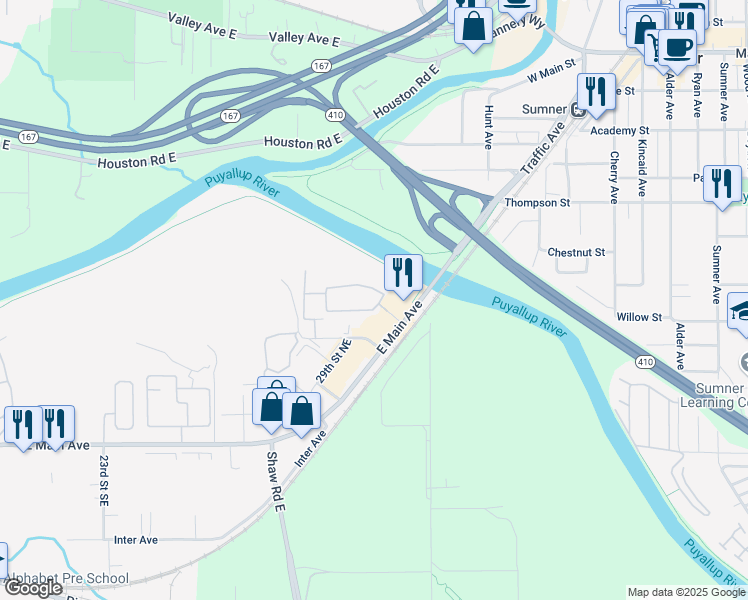 map of restaurants, bars, coffee shops, grocery stores, and more near 3105 East Main Avenue in Puyallup