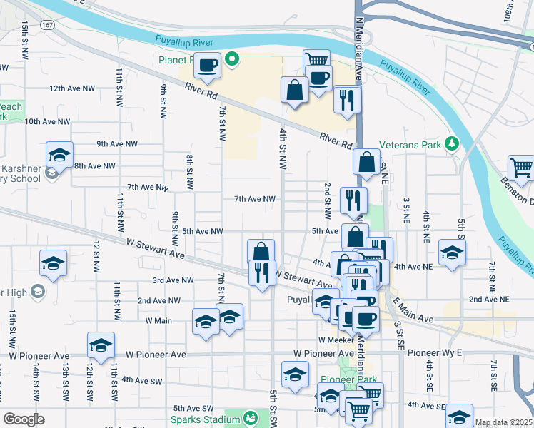 map of restaurants, bars, coffee shops, grocery stores, and more near 420 7th Avenue Northwest in Puyallup