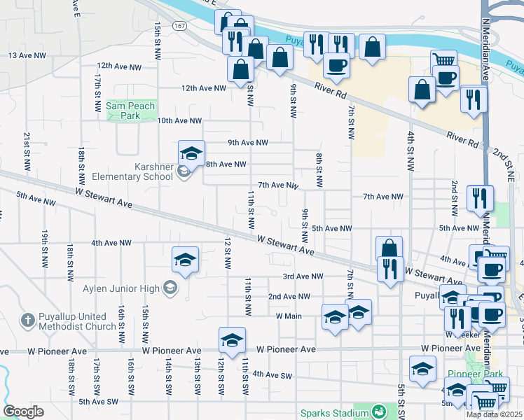 map of restaurants, bars, coffee shops, grocery stores, and more near 515 11th Street Northwest in Puyallup