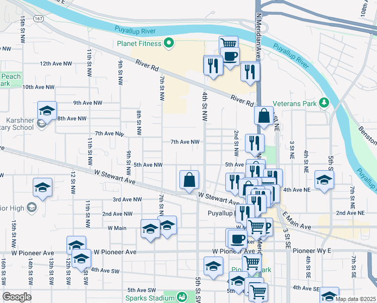 map of restaurants, bars, coffee shops, grocery stores, and more near 420 7th Avenue Northwest in Puyallup