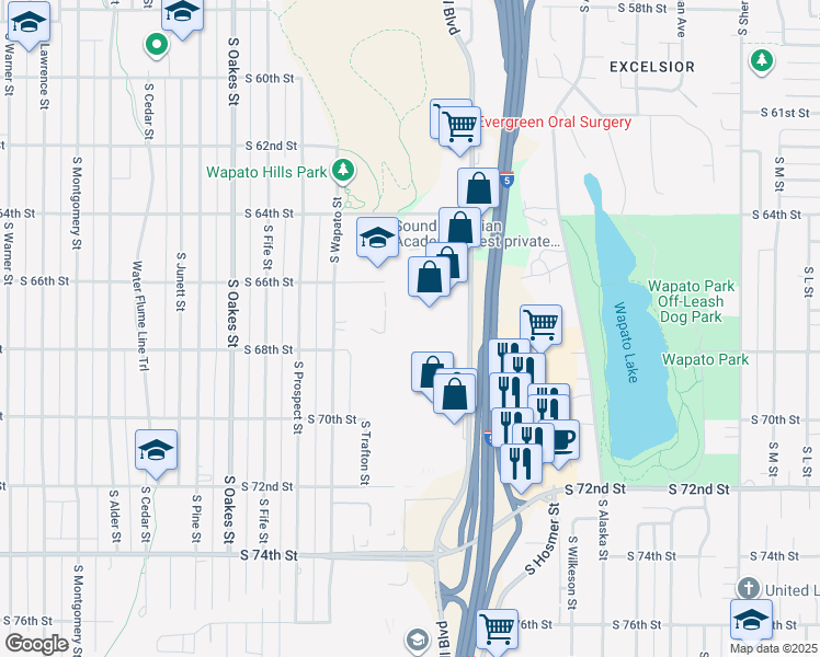 map of restaurants, bars, coffee shops, grocery stores, and more near 6634 Tacoma Mall Boulevard in Tacoma