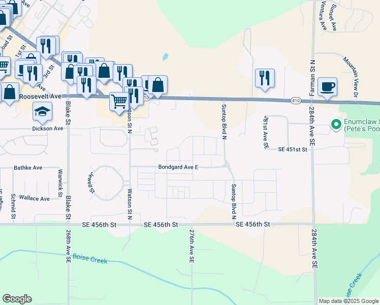 map of restaurants, bars, coffee shops, grocery stores, and more near 614 Mount Peak Street North in Enumclaw