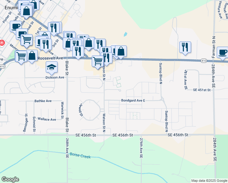 map of restaurants, bars, coffee shops, grocery stores, and more near 615 Watson Street North in Enumclaw