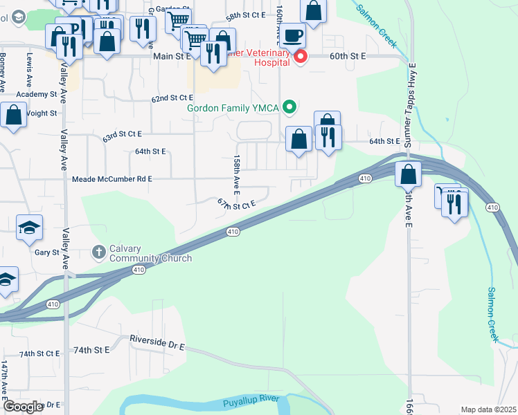 map of restaurants, bars, coffee shops, grocery stores, and more near 15900 67th Street Court East in Sumner
