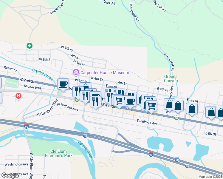 map of restaurants, bars, coffee shops, grocery stores, and more near 202 East 3rd Street in Cle Elum