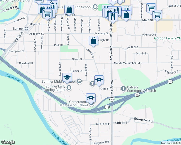 map of restaurants, bars, coffee shops, grocery stores, and more near 1704 Rainier Street in Sumner
