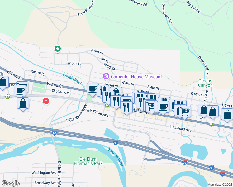 map of restaurants, bars, coffee shops, grocery stores, and more near 201 West 2nd Street in Cle Elum