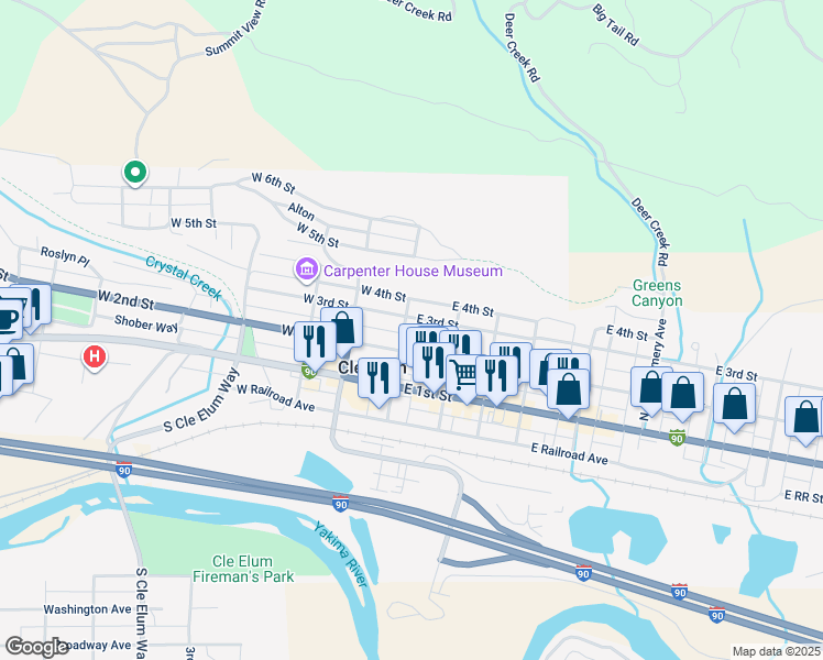 map of restaurants, bars, coffee shops, grocery stores, and more near 103 East 2nd Street in Cle Elum