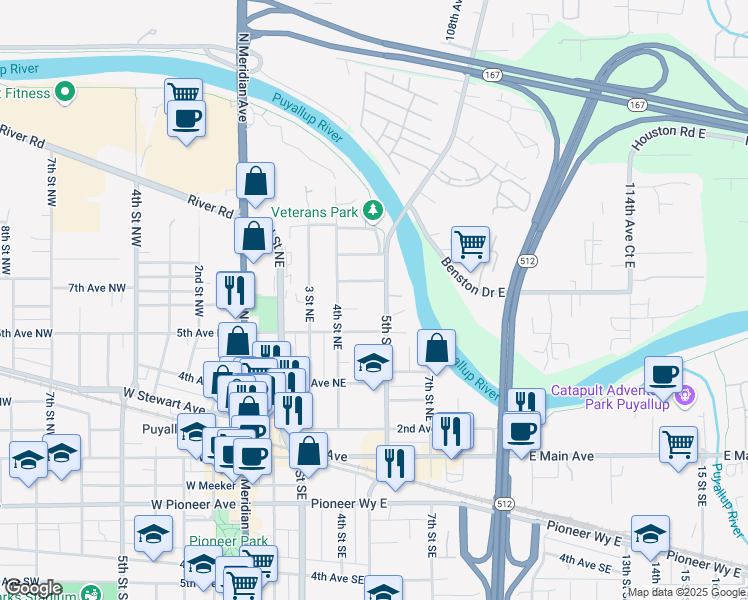 map of restaurants, bars, coffee shops, grocery stores, and more near 503 Bridge Avenue in Puyallup