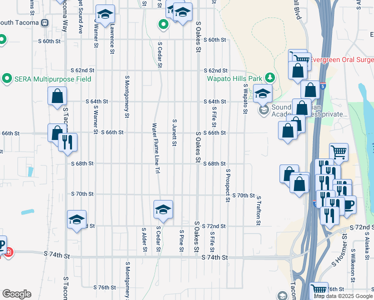 map of restaurants, bars, coffee shops, grocery stores, and more near 6637 South Pine Street in Tacoma