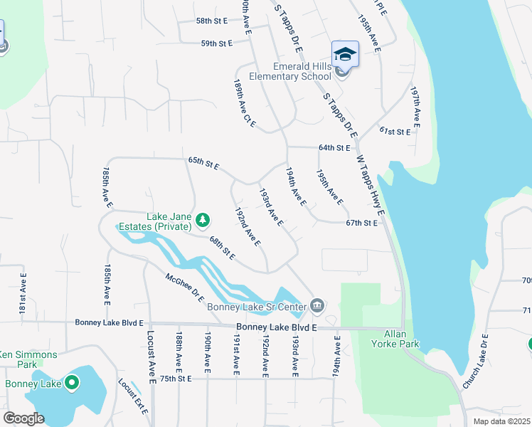 map of restaurants, bars, coffee shops, grocery stores, and more near 6523 193rd Avenue East in Bonney Lake