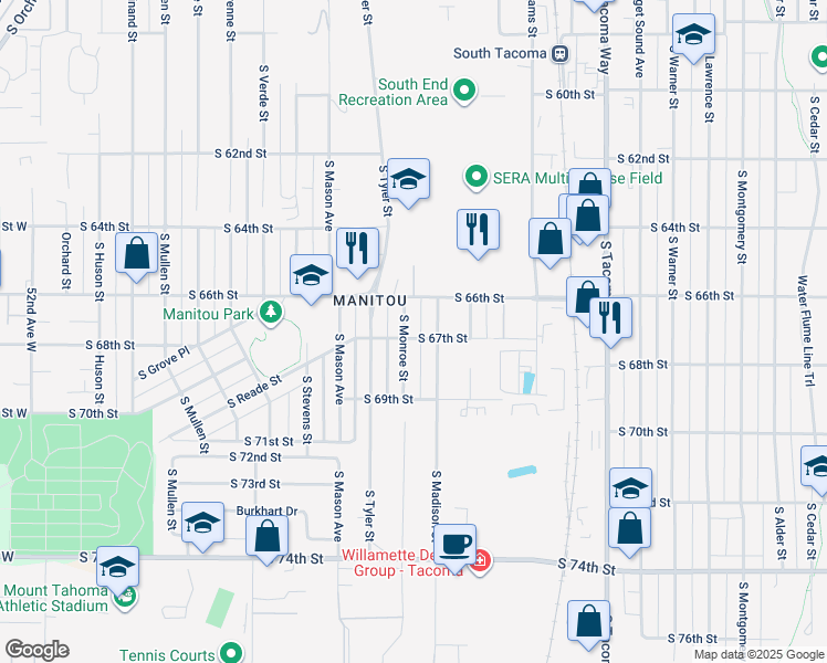 map of restaurants, bars, coffee shops, grocery stores, and more near 6707A South Monroe Street in Tacoma